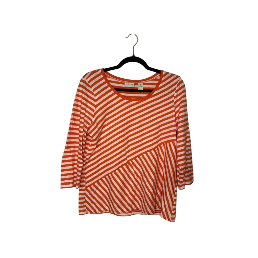 Zenergy by Chico's Striped Asymmetrical Hem 3/4 Sleeve Top Orange White